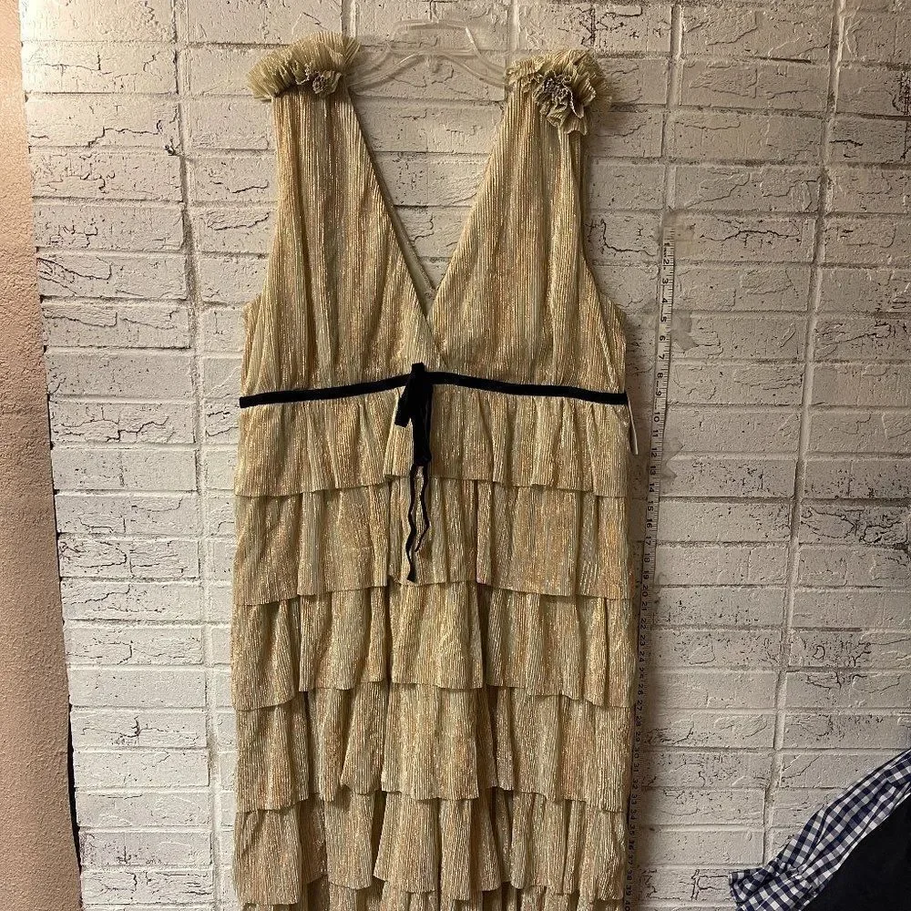 Arula Gold Party Cocktail Shimmer Sleeveless Plus Size Curvy Ruffle Dress 2X NWT - Picture 2 of 13